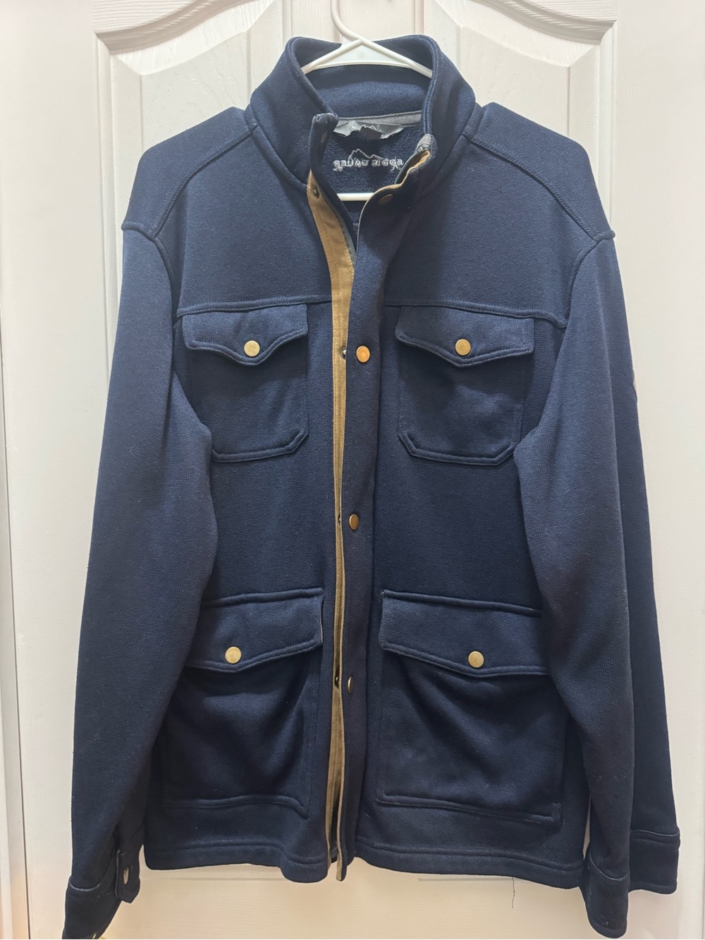 Eddie Bauer Navy Field Jacket button/zip with Tan Trim Accents size large
